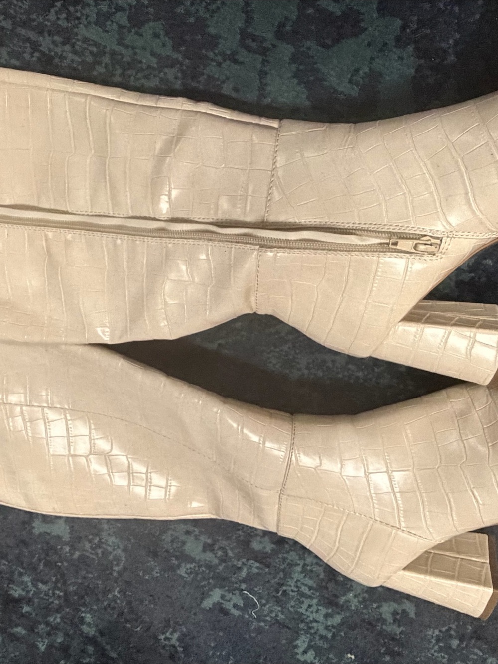 Croc-Embossed Over-the-Knee Boots in Light Beige - Women